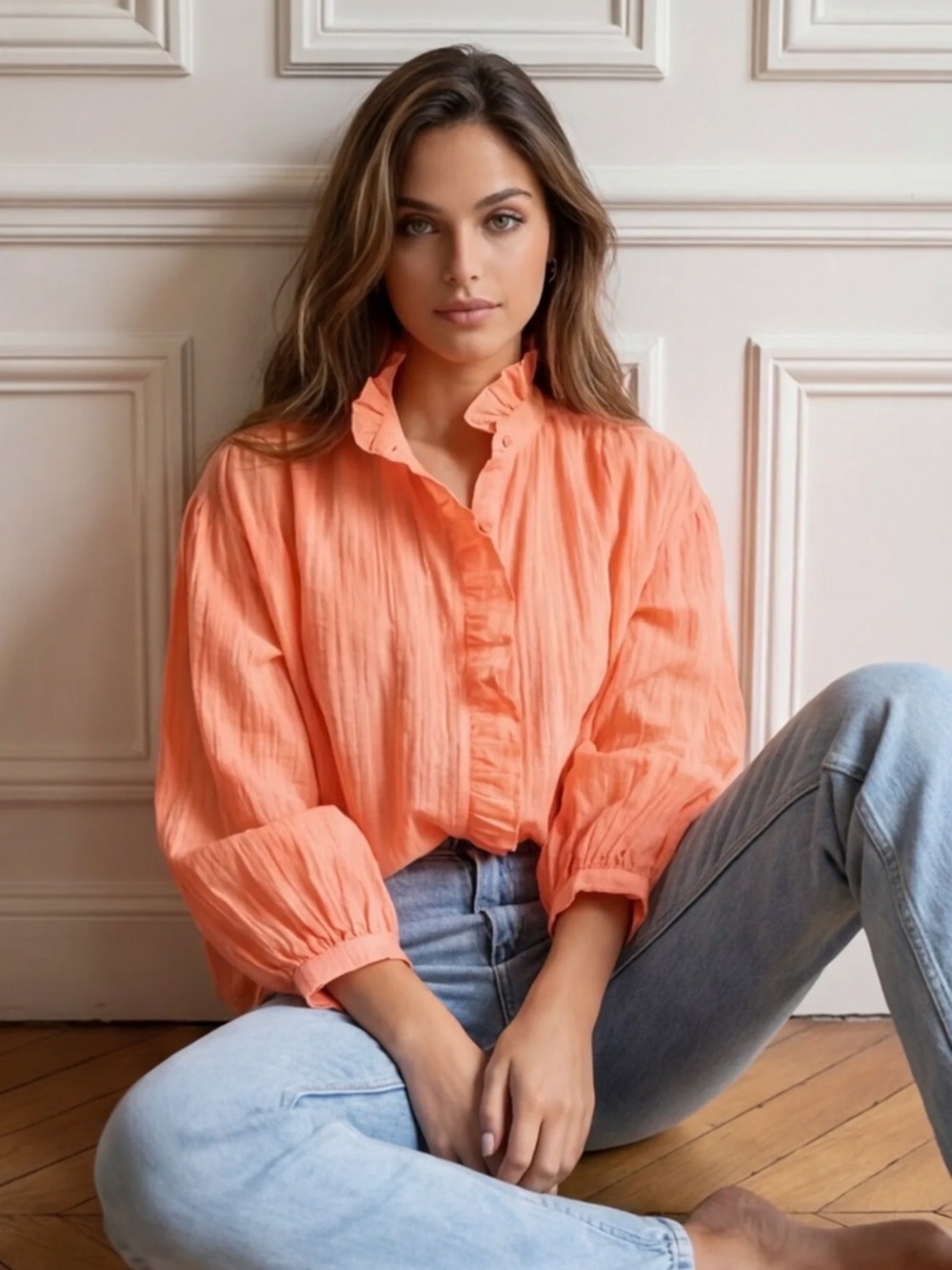 FROM PARIS FRANCE 🇫🇷 Ruffled Collar Long-Sleeve Peasant Blouse - Coral